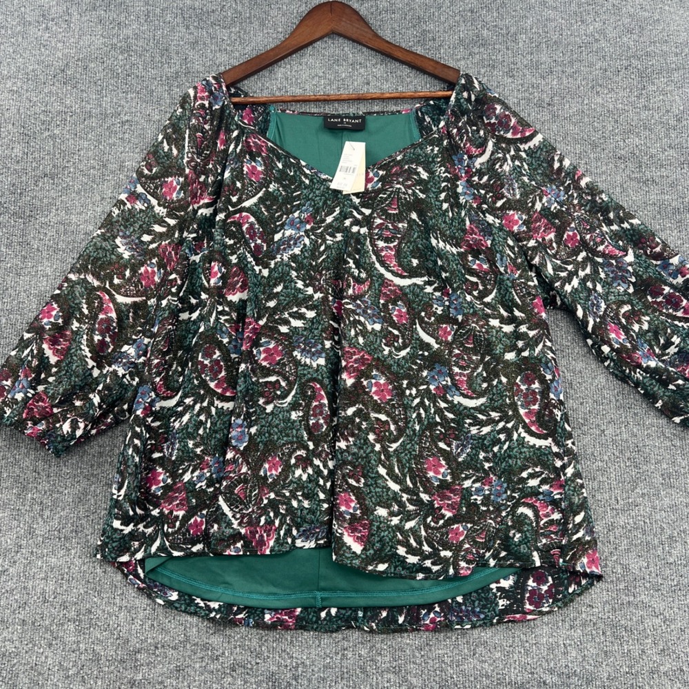 Lane Bryant Blouse Women 18 Green Paisley‎ Metallic Lurex Cottage Whimsical Boho